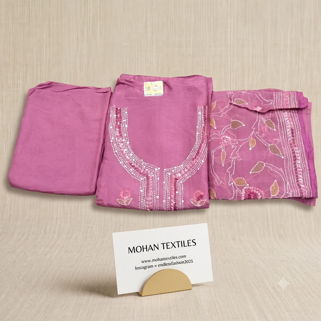 Mauve pink lightweight breathable muslin dress material set with border dupatta by Mohan Textiles