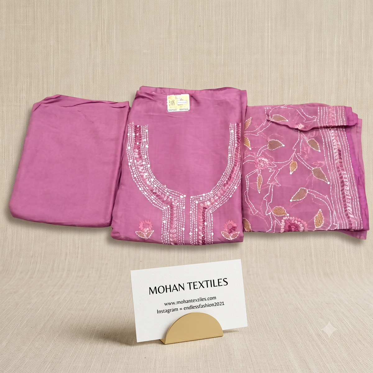 Mauve pink lightweight breathable muslin dress material set with border dupatta by Mohan Textiles