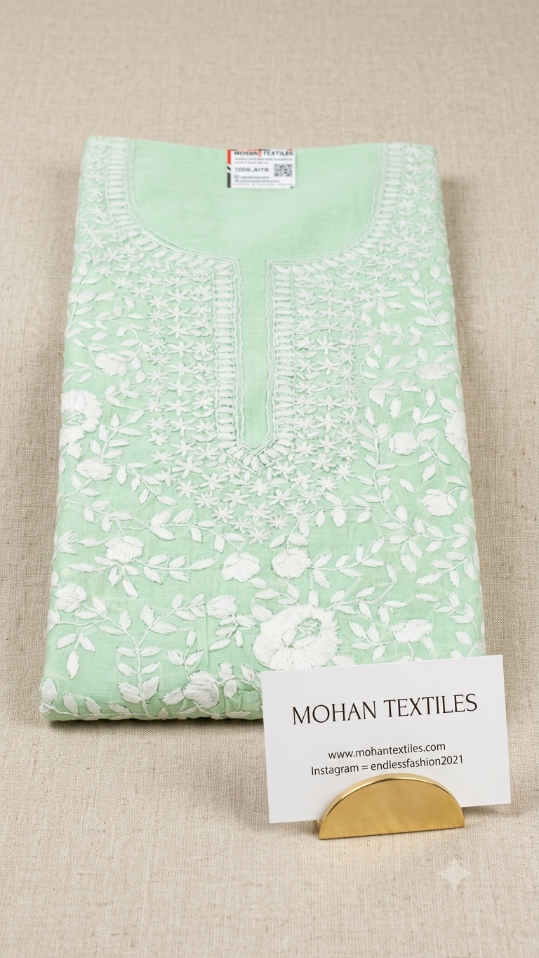 A folded mint green phulkari kurti fabric with white floral embroidery, displayed on a beige textured fabric background with a small card reading MOHAN TEXTILES in front.