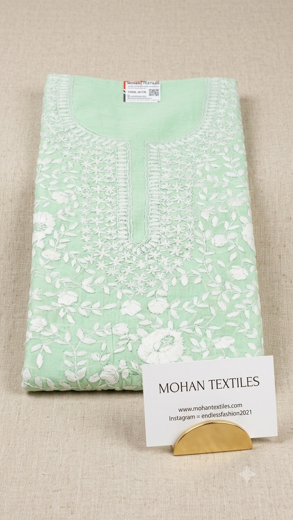 A folded mint green phulkari kurti fabric with white floral embroidery, displayed on a beige textured fabric background with a small card reading MOHAN TEXTILES in front.
