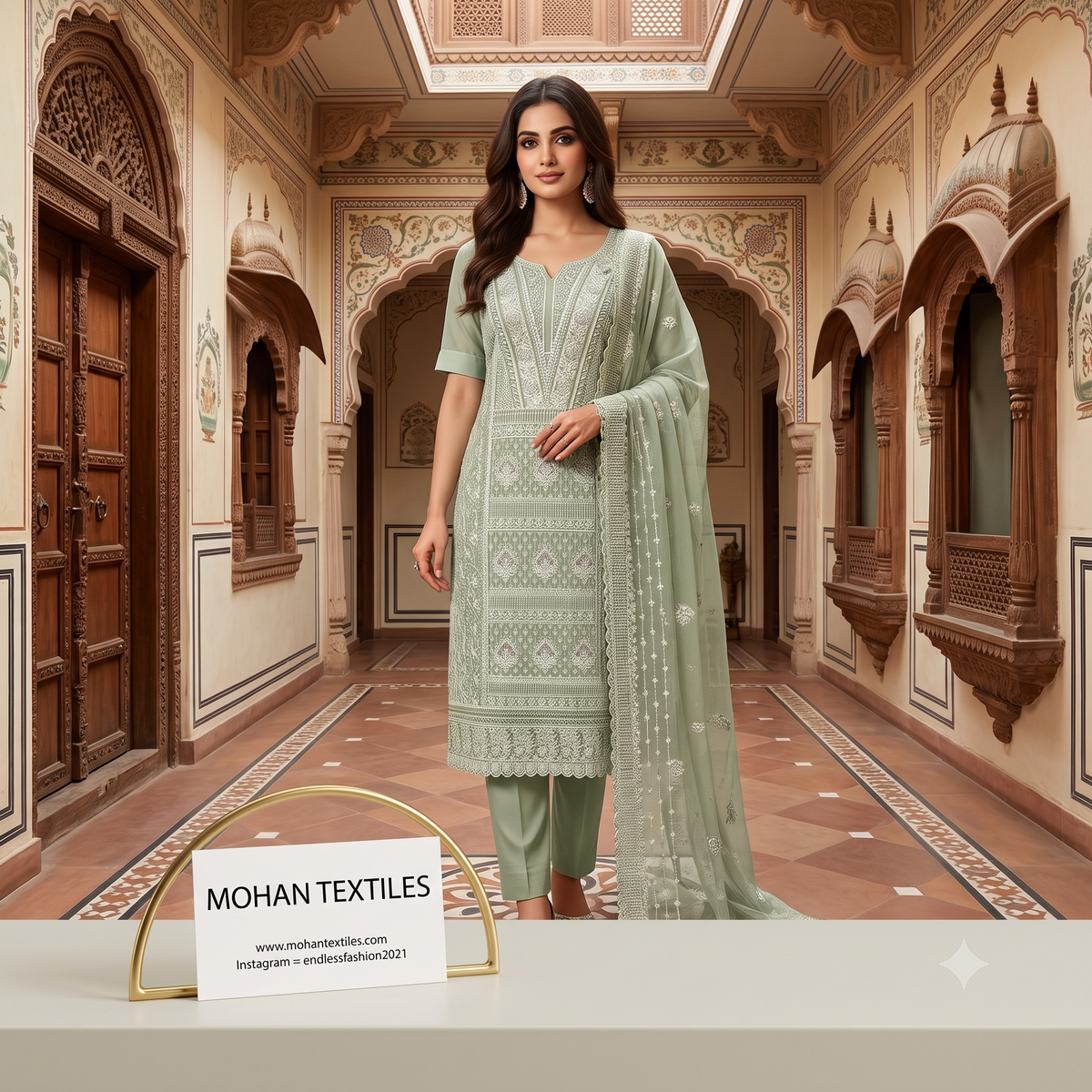 A woman stands in an ornate indoor hallway wearing a sage green embroidered salwar kameez suit with matching pants and a dupatta. A card at the bottom left reads MOHAN TEXTILES with website and social details.
