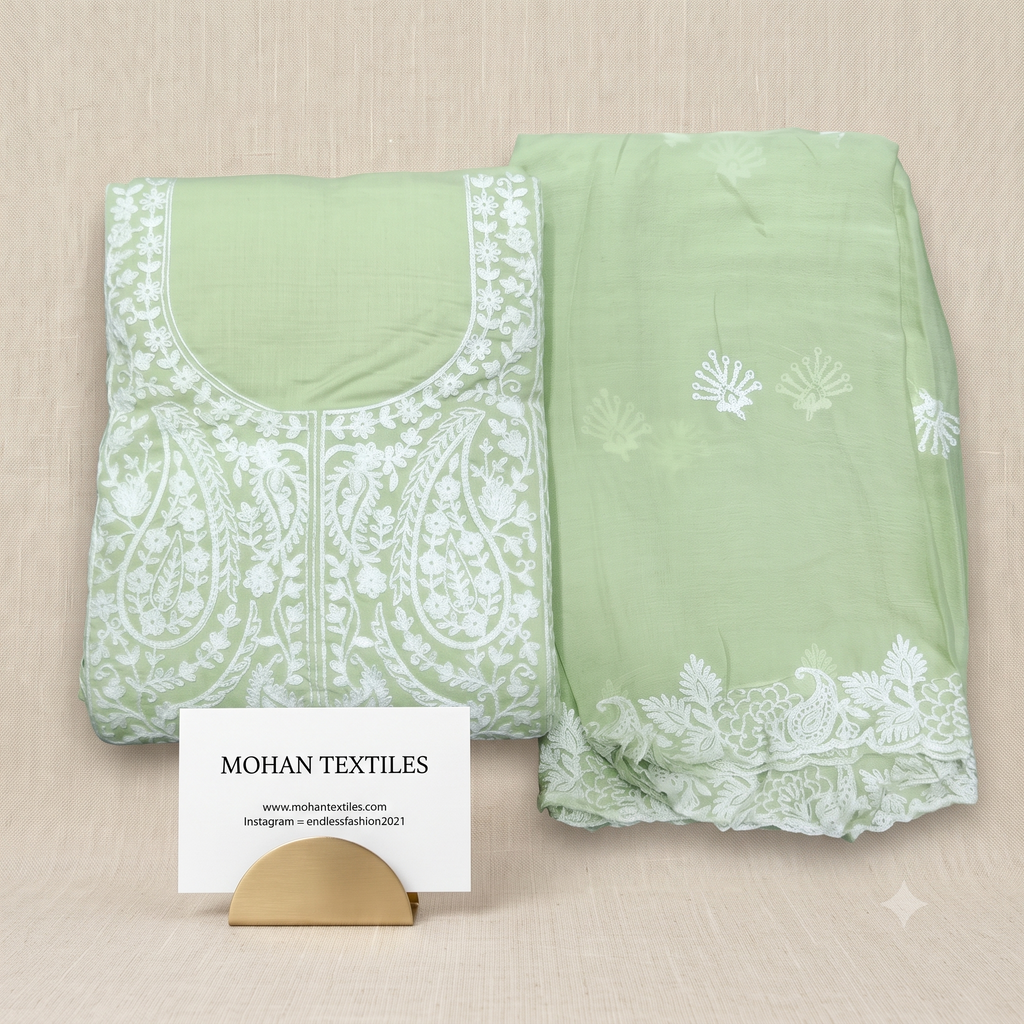 Traditional Lucknowi Chikankari Unstitched Suit Material with Embroidered Dupatta – Mohan Textiles