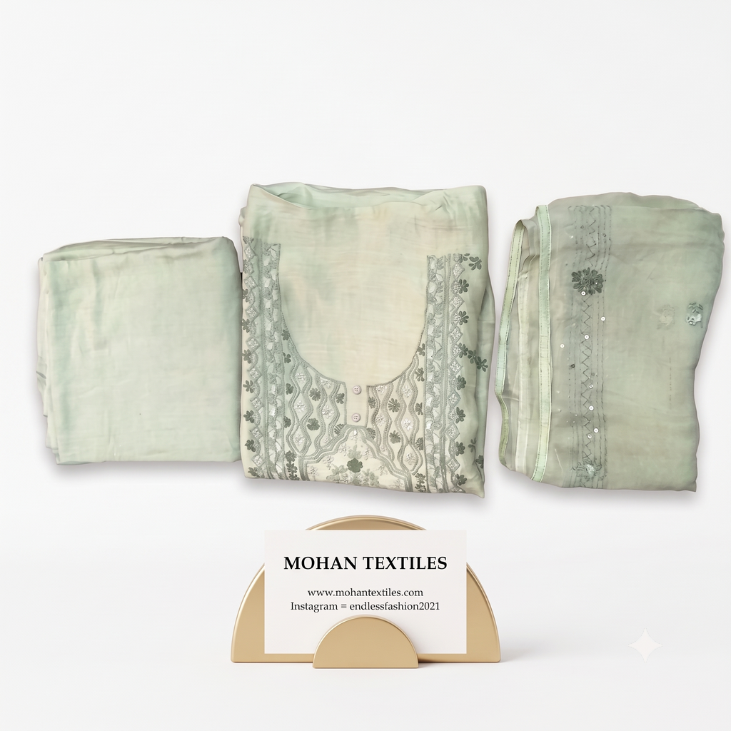 Pastel mint green pure muslin embroidered boutique suit set Mohan Textiles