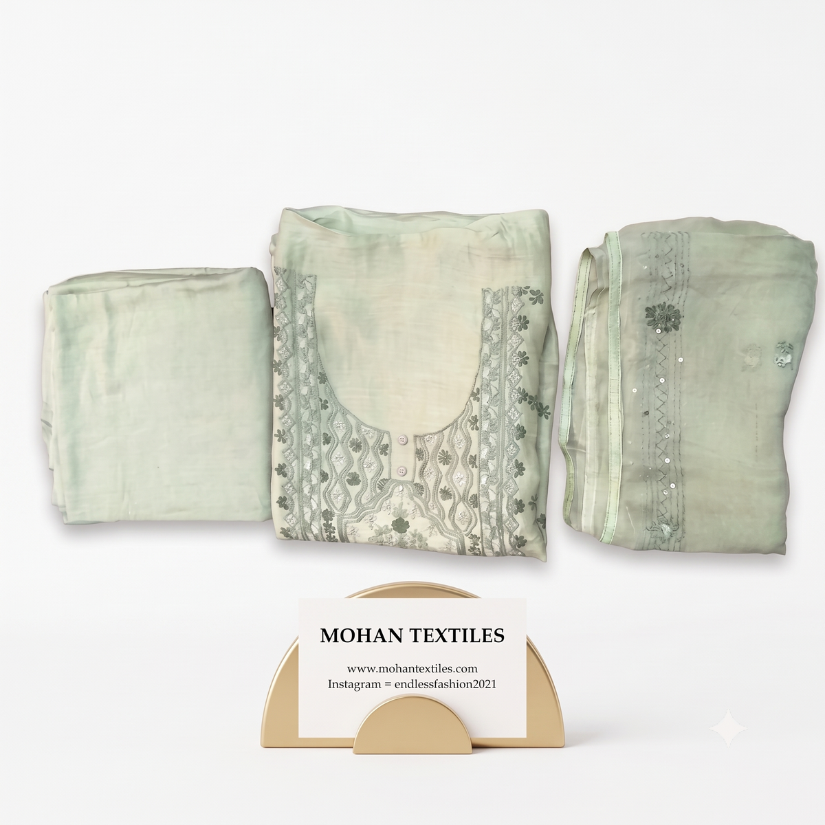 Pastel mint green pure muslin embroidered boutique suit set Mohan Textiles