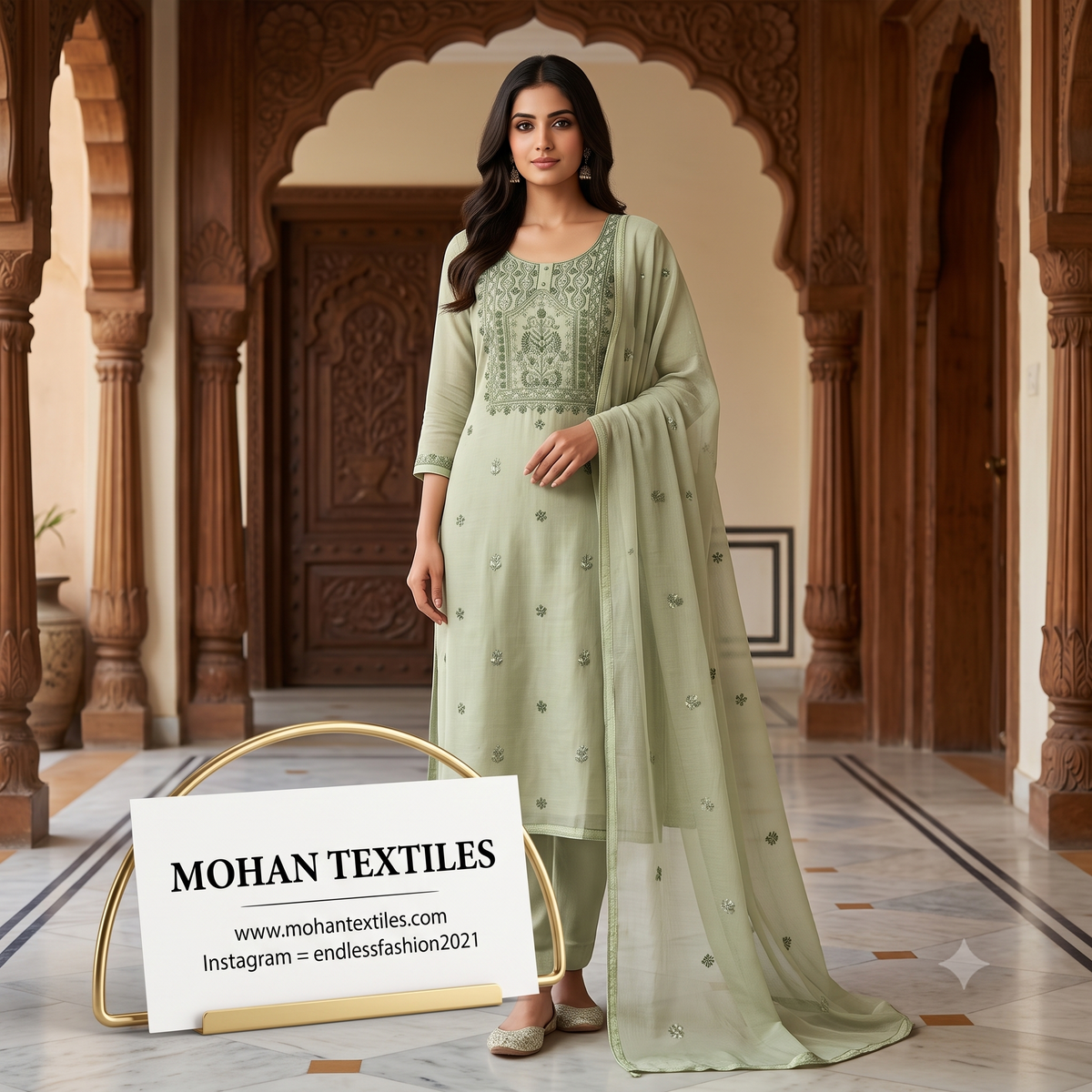 A woman models a sage green traditional Indian salwar kameez suit with matching dupatta in an ornate indoor corridor with carved wooden arches. A sign for 'MOHAN TEXTILES' is displayed in the foreground.