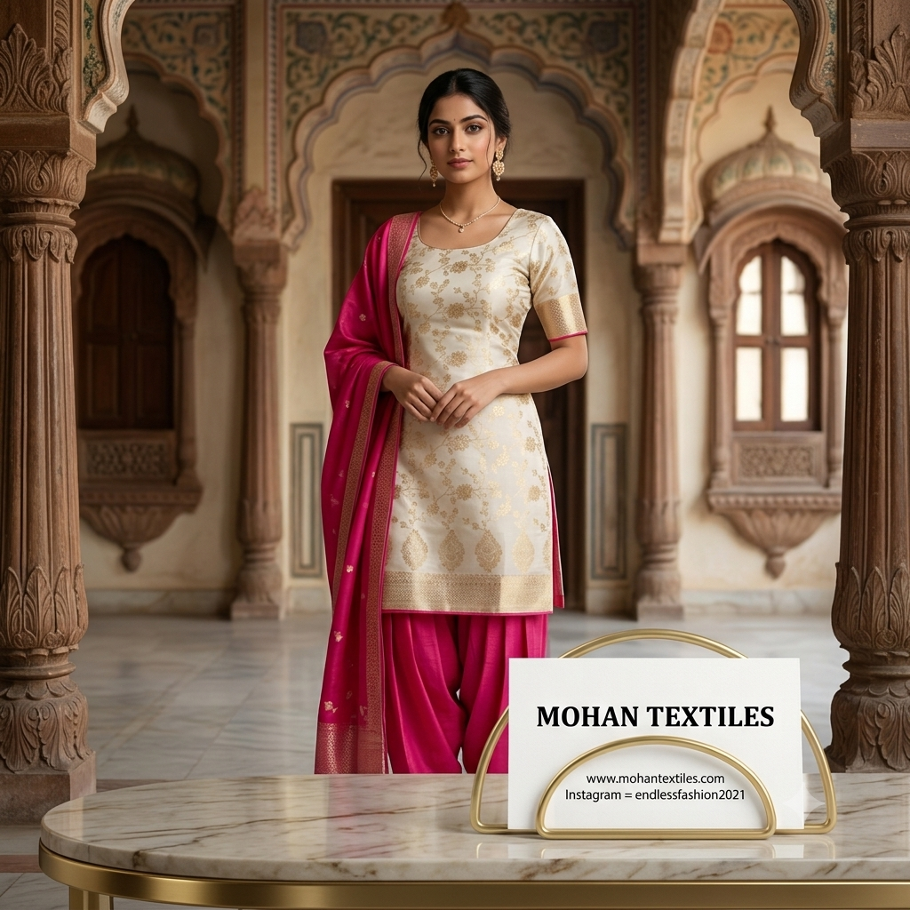 A woman stands in an ornate architectural courtyard wearing a traditional Indian outfit consisting of a cream kurta with gold motifs, a bright pink flared skirt, and a matching pink dupatta. A sign in the foreground reads 'MOHAN TEXTILES'.