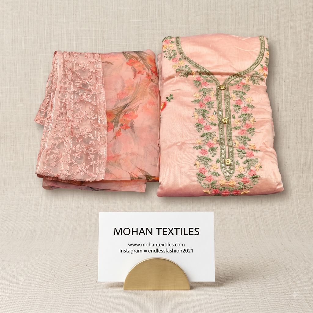 A folded peach-pink fabric set displayed on a light beige textured surface, including a floral printed fabric piece with lace trim and a matching embroidered blouse-front fabric panel with gold-tone buttons. A small card at the bottom reads MOHAN TEXTILES with website and Instagram details.