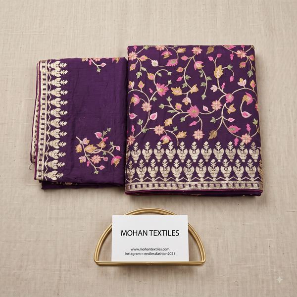 A folded piece of purple fabric with floral vine embroidery and a decorative border, displayed on a beige textured surface with a small card reading MOHAN TEXTILES.