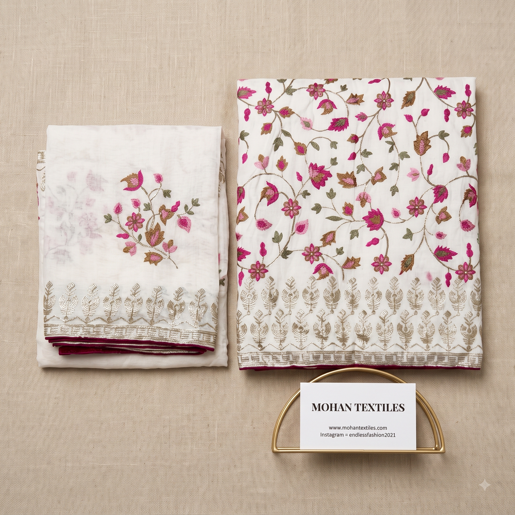 Two folded and flat-laid textile pieces on a beige fabric background, with a small card reading MOHAN TEXTILES below. The textiles appear to be unstitched embroidered dress material : one is mostly white with pink floral embroidery and a metallic beige border, and the other is white with dense pink and green floral vine embroidery plus a matching metallic border.