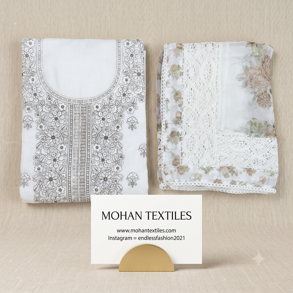 Mohan Textiles ivory Karachi style Chikankari embroidered salwar suit with mauve thread work and matching floral border dupatta.