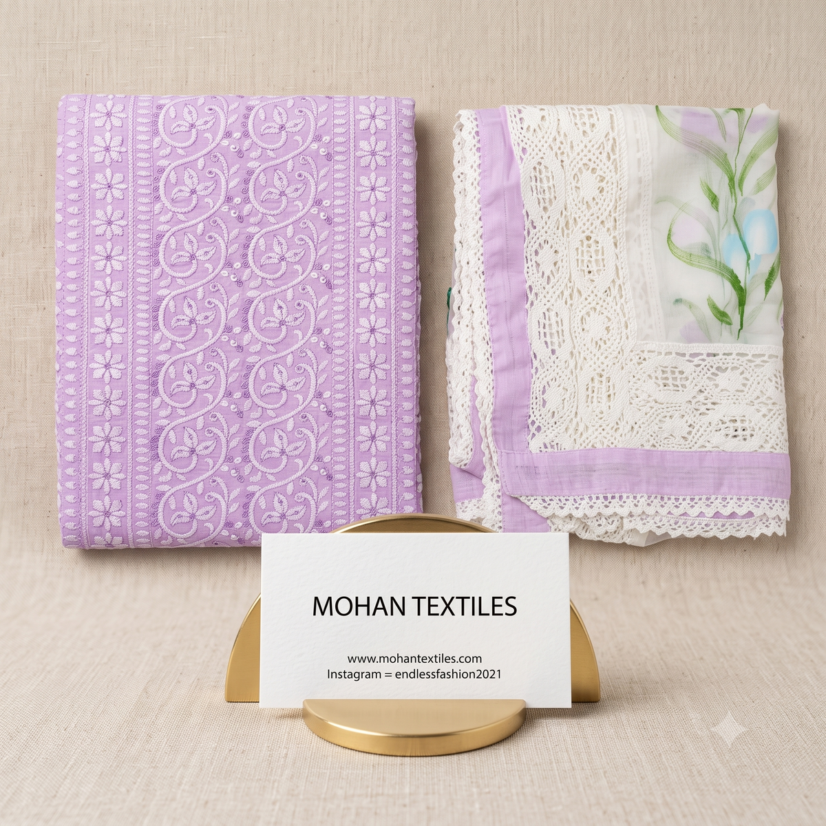 Mohan Textiles lavender purple Karachi style Chikankari embroidered suit set featuring an all-over patterned kurta and pastel floral lace dupatta.