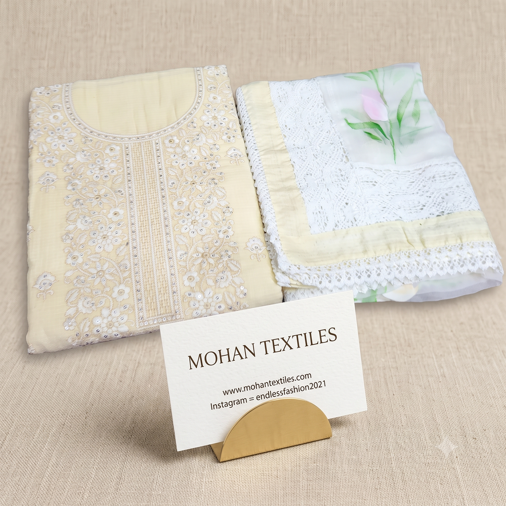 Two folded pieces of embroidered fabric displayed on a beige textured surface, with a small card reading MOHAN TEXTILES standing in front. The left piece is pale yellow with white and beige floral embroidery; the right piece is white with lace, floral print, and pastel border detailing.