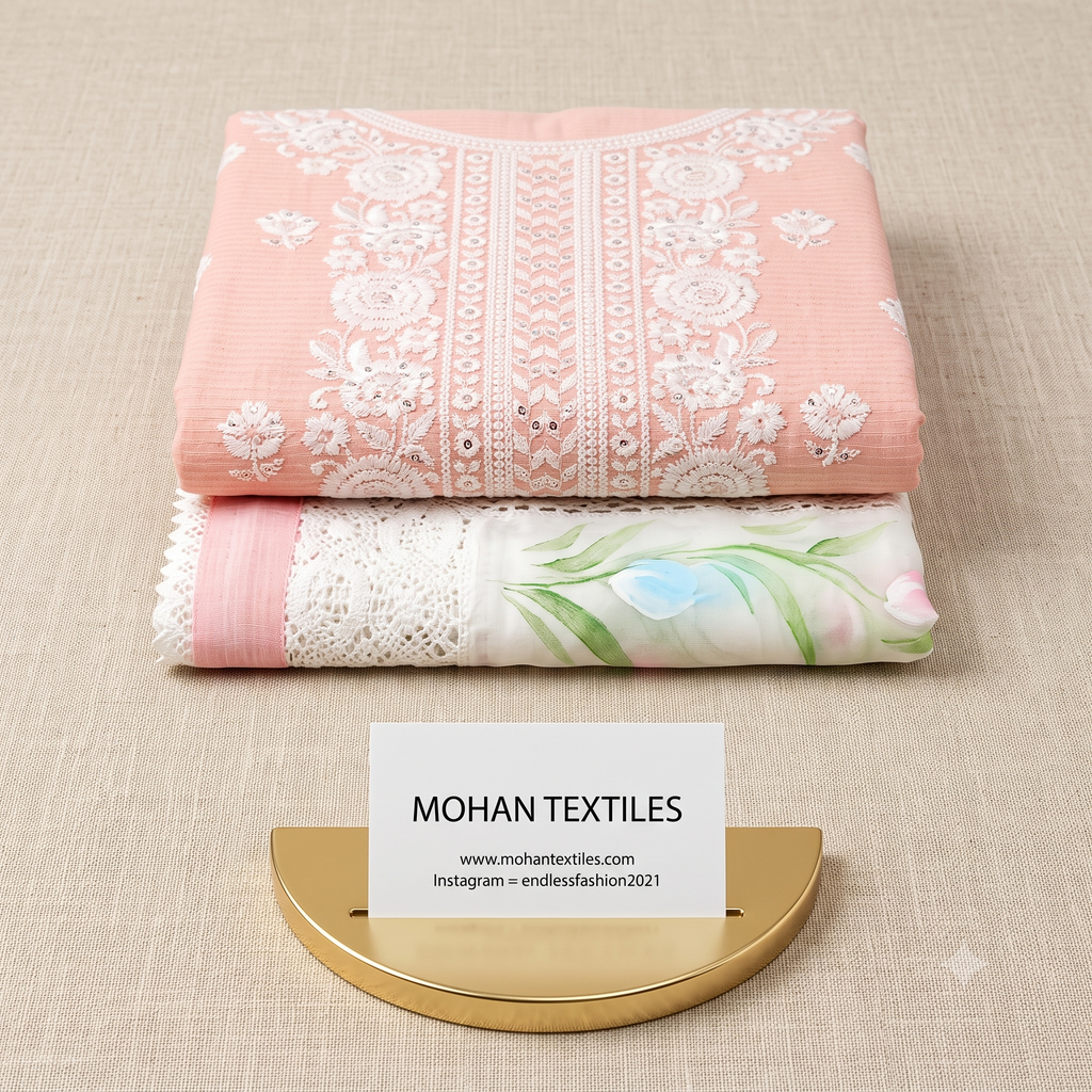 Mohan Textiles pastel peach Karachi style Chikankari embroidered suit set paired with a floral lace dupatta.