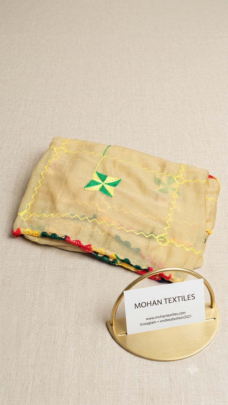 A folded beige fabric piece with yellow embroidered borders and a green star motif, displayed on a beige textured surface next to a gold stand with a label reading MOHAN TEXTILES.