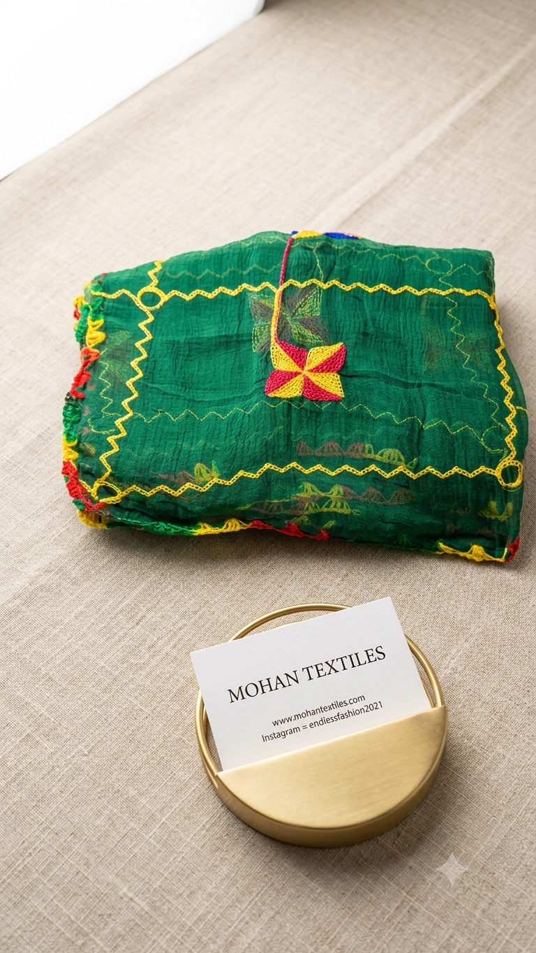 A folded green embroidered textile piece with yellow zigzag stitching and multicolor tassels, displayed on a beige fabric surface next to a small gold dish holding a business card for Mohan Textiles.