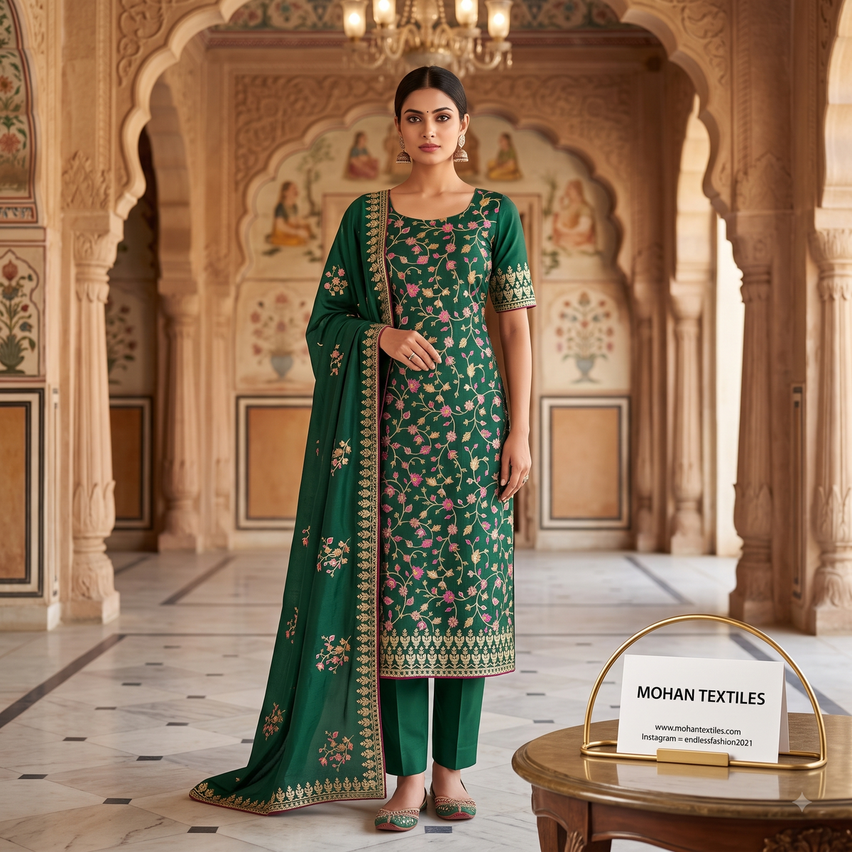 A woman stands in an ornate indoor courtyard wearing a green Mohan Textiles embroidered traditional outfit with matching pants and a draped scarf. The outfit has pink and yellow floral motifs and gold border detailing.