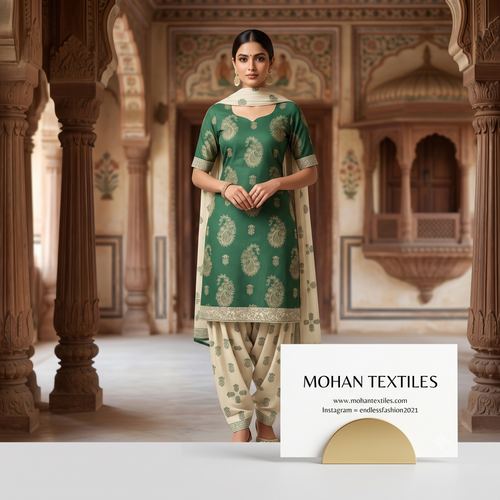 Model wearing bottle green printed Punjabi salwar suit with printed dupatta by Endless Fashion – Mohan Textiles Amritsar