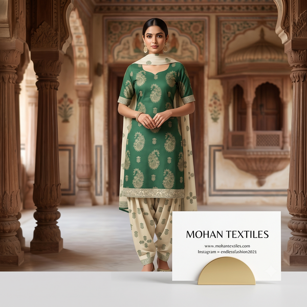 Model wearing bottle green printed Punjabi salwar suit with printed dupatta by Endless Fashion – Mohan Textiles Amritsar