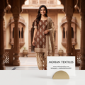 Model wearing earth brown block print unstitched cotton Punjabi suit with printed dupatta by Mohan Textiles Amritsar