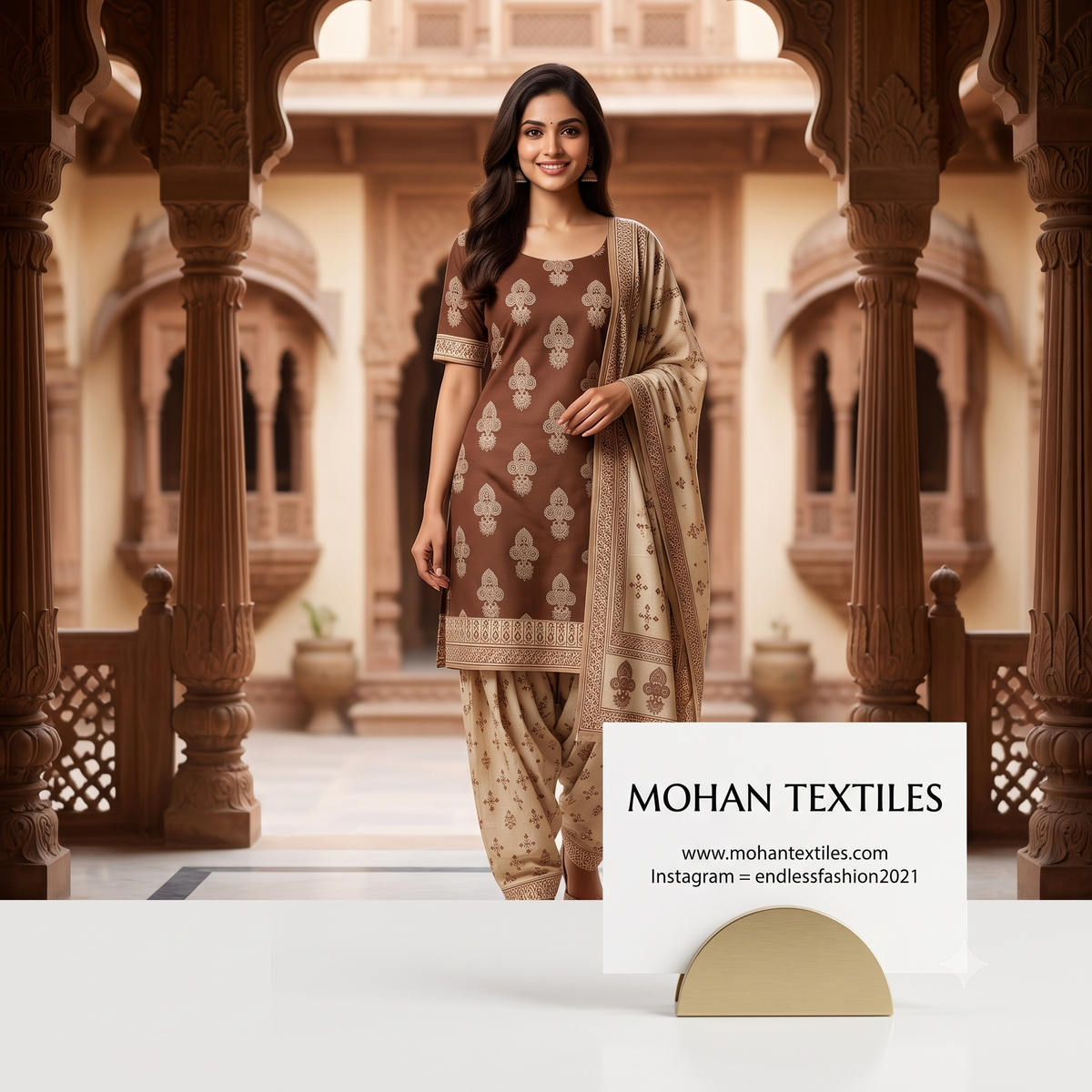 Model wearing earth brown block print unstitched cotton Punjabi suit with printed dupatta by Mohan Textiles Amritsar