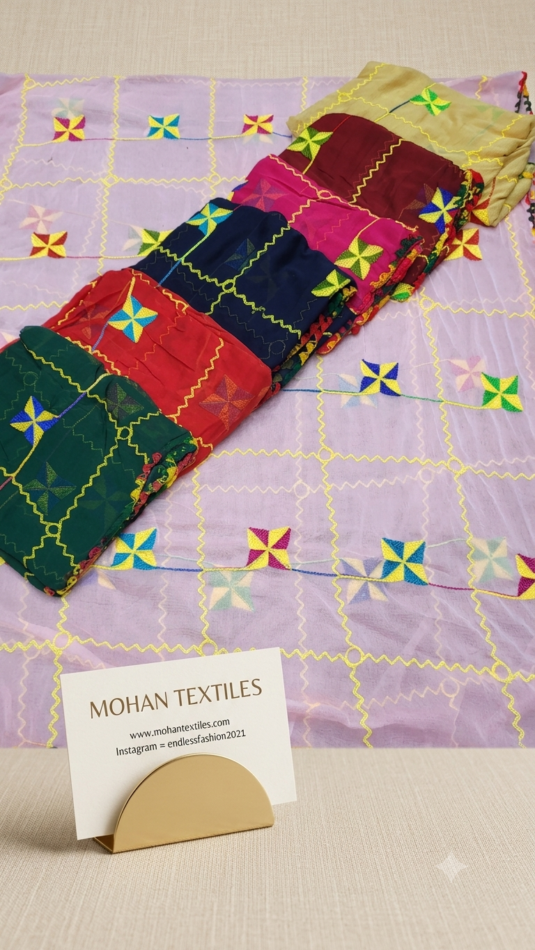 A folded multicolor embroidered fabric piece, likely a saree or textile, displayed diagonally on a lavender patterned fabric. A small card at the bottom reads 'MOHAN TEXTILES'.