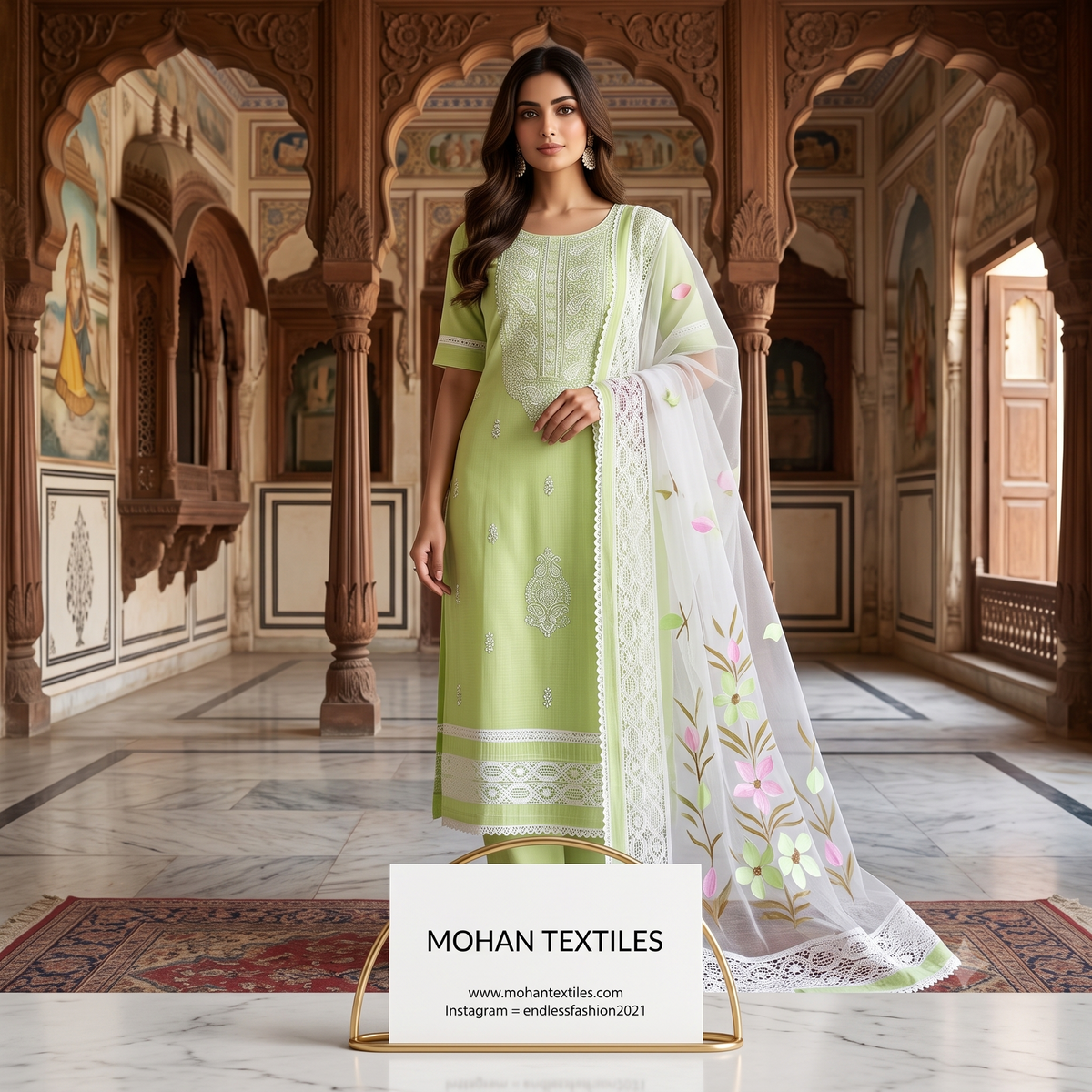 Mohan Textiles light green Karachi style Chikankari embroidered suit set with white floral lace dupatta, modeled in a heritage palace archway.