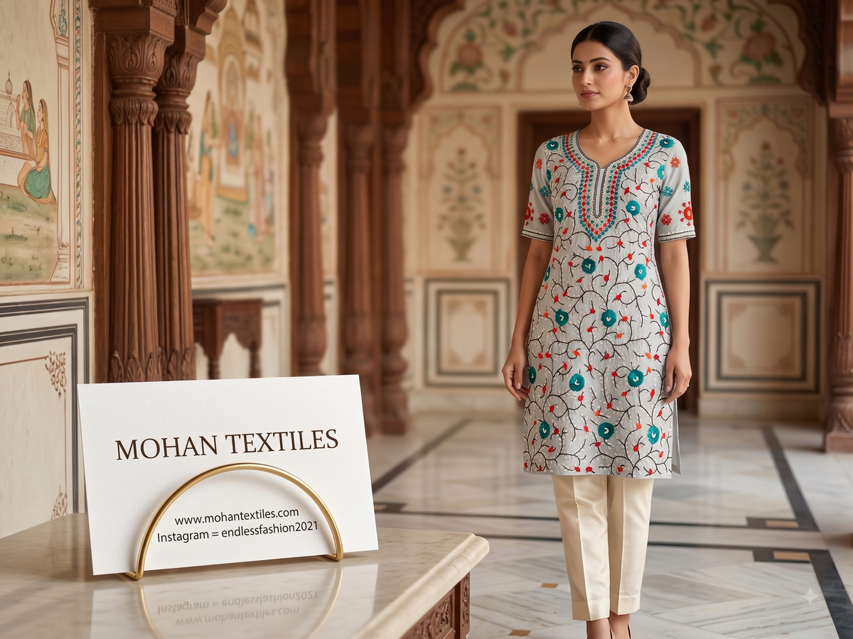 A woman stands in an ornate indoor hallway wearing a short-sleeve phulkari kurta with cream pants. A sign on a table reads 'MOHAN TEXTILES' with the website and Instagram handle visible.