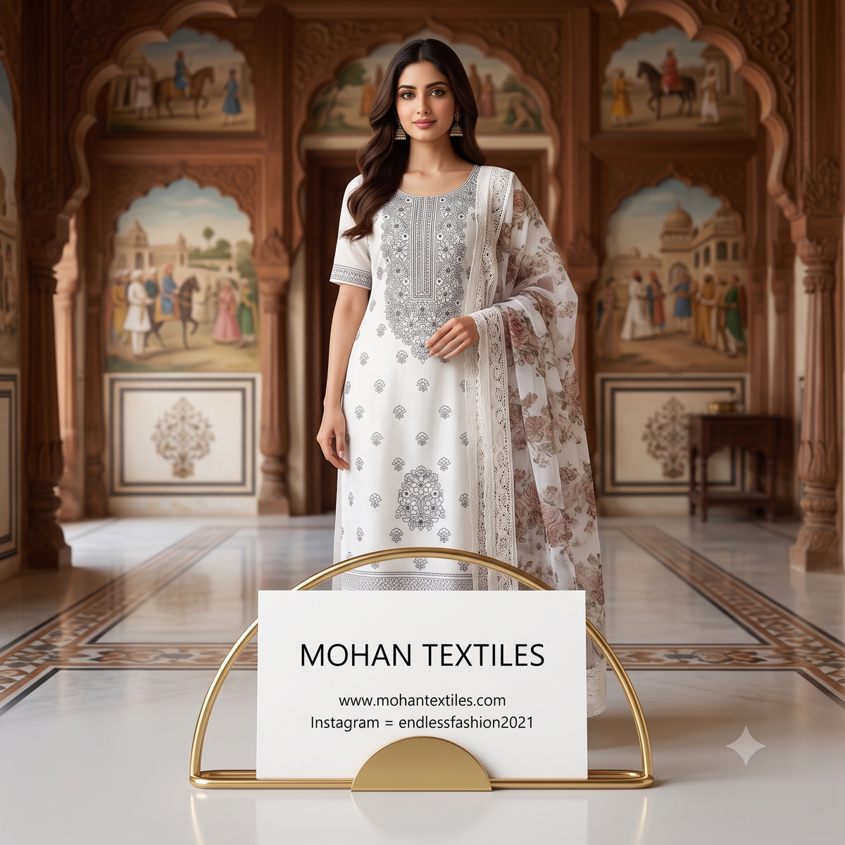 A woman stands in an ornate indoor courtyard wearing a white traditional outfit with gray embroidery and a sheer patterned dupatta. A gold-framed sign in the foreground reads MOHAN TEXTILES with the website and Instagram handle.