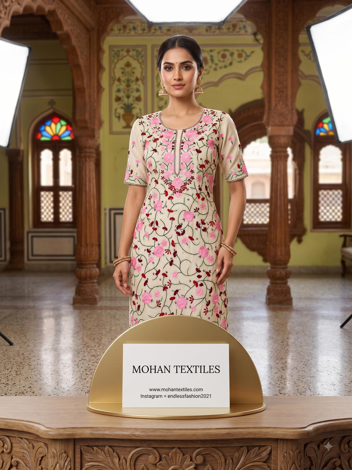 A woman stands indoors wearing a beige embroidered kurta dress with pink and red floral motifs. She is positioned behind a gold-colored display stand with a sign reading 'MOHAN TEXTILES' in a decorated interior with wooden pillars and stained-glass windows.