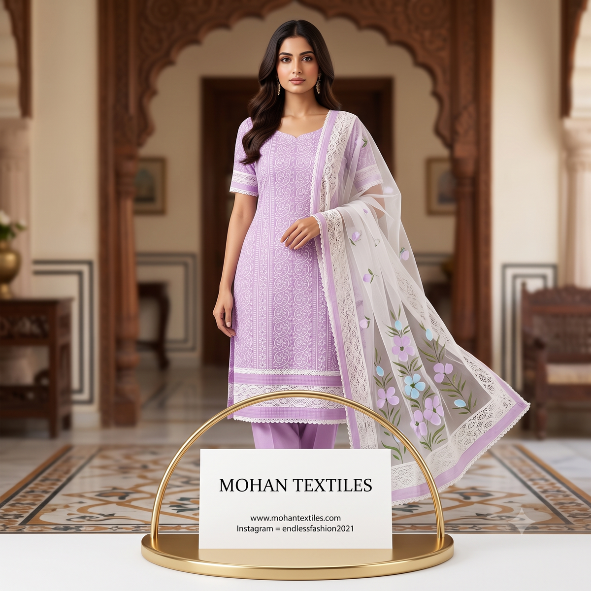 A woman models a lavender purple ethnic salwar kameez suit with matching pants and a sheer white embroidered dupatta, set against a traditional wooden archway background. A gold-framed sign at the bottom displays the brand 'MOHAN TEXTILES'.