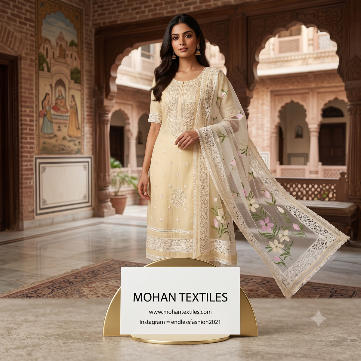 Mohan Textiles lemon yellow Karachi style Chikankari embroidered suit set featuring floral lace dupatta, worn by a model in a traditional courtyard setting.