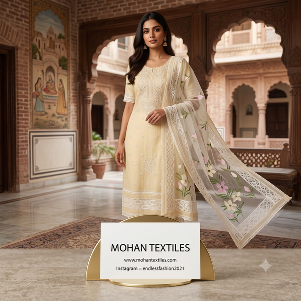 Mohan Textiles lemon yellow Karachi style Chikankari embroidered suit set featuring floral lace dupatta, worn by a model in a traditional courtyard setting.
