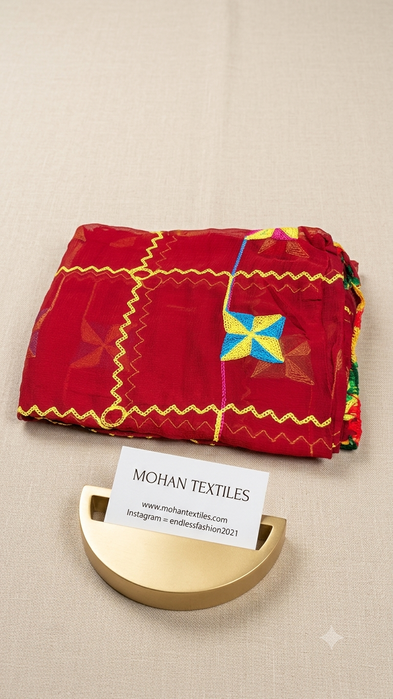 A folded red embroidered textile with yellow, blue, and green geometric patterns, displayed on a beige textured surface with a small gold stand and a card reading MOHAN TEXTILES.