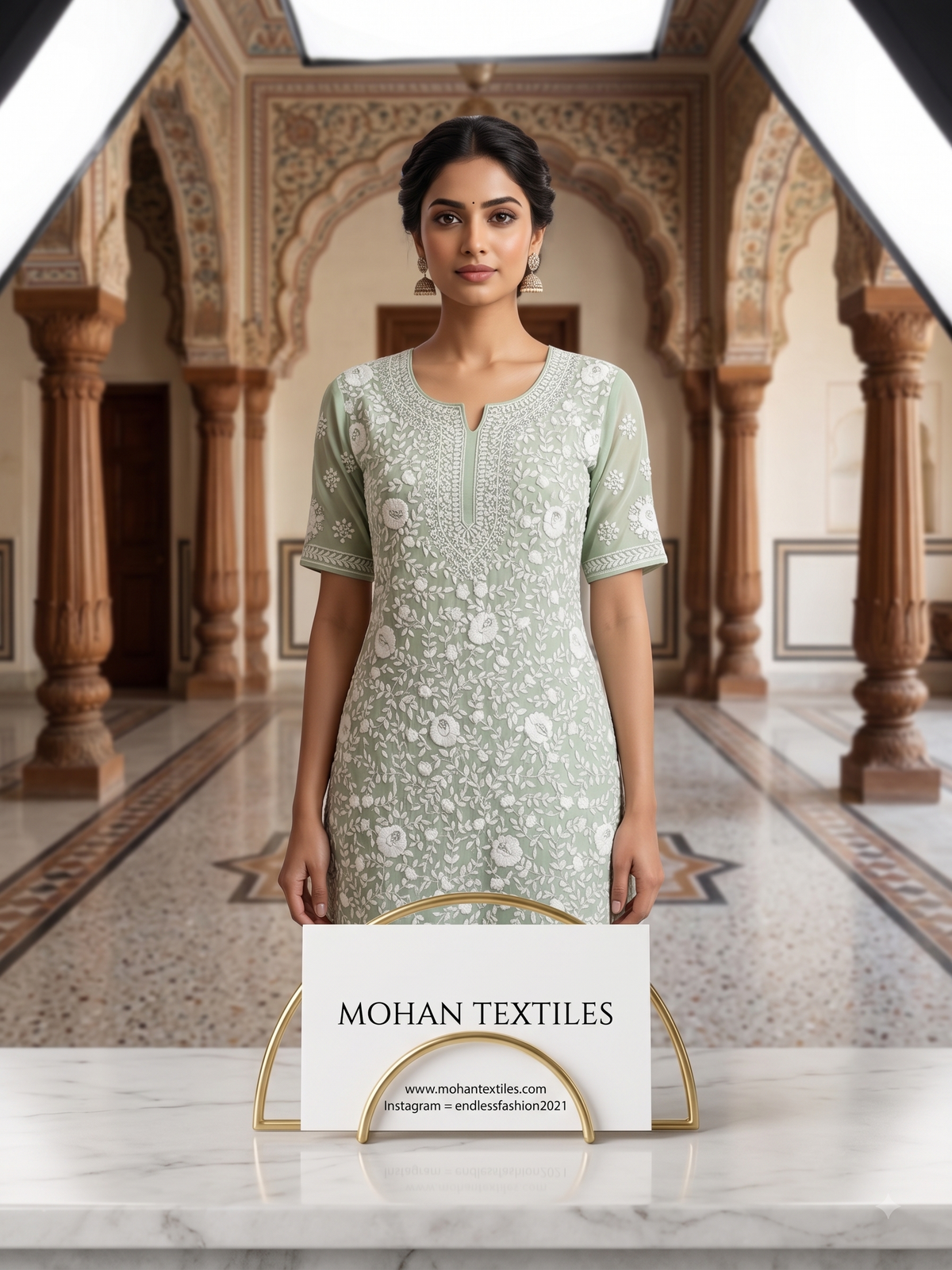 A woman stands in a grand, ornate interior wearing a light sage green phulkari kurta with white floral embroidery. In front of her is a white display card reading 'MOHAN TEXTILES' on a gold stand.