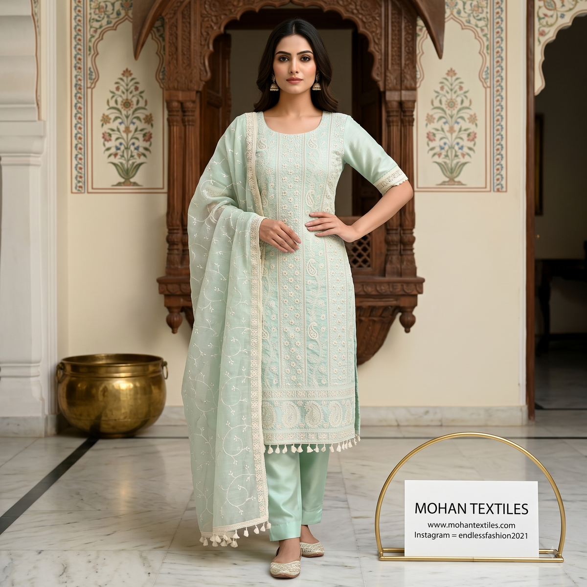 Mohan Textiles Pastel Chikankari Needlework Punjabi Suit Set Unstitched Dress Material with Heavy Border