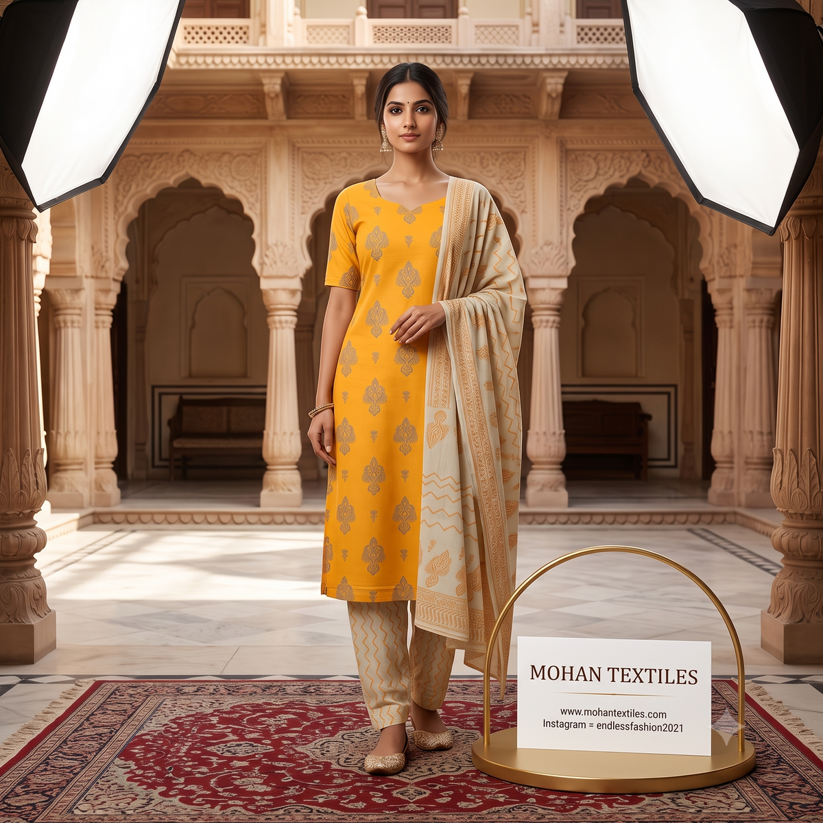 Model wearing festive mustard yellow printed unstitched Punjabi suit with printed cotton dupatta from Mohan Textiles Amritsar