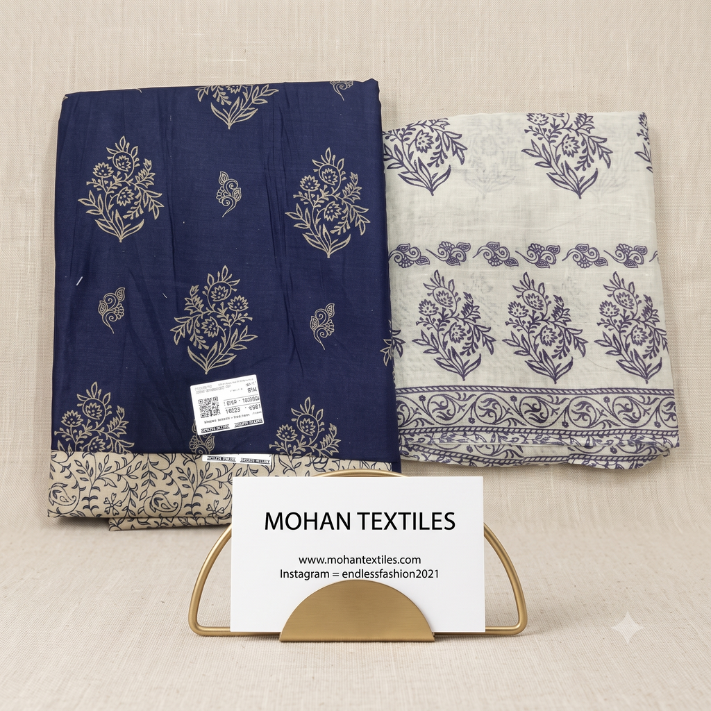 Navy blue traditional booti print unstitched pure cotton Punjabi suit with printed dupatta – Endless Fashion Mohan Textiles Amritsar