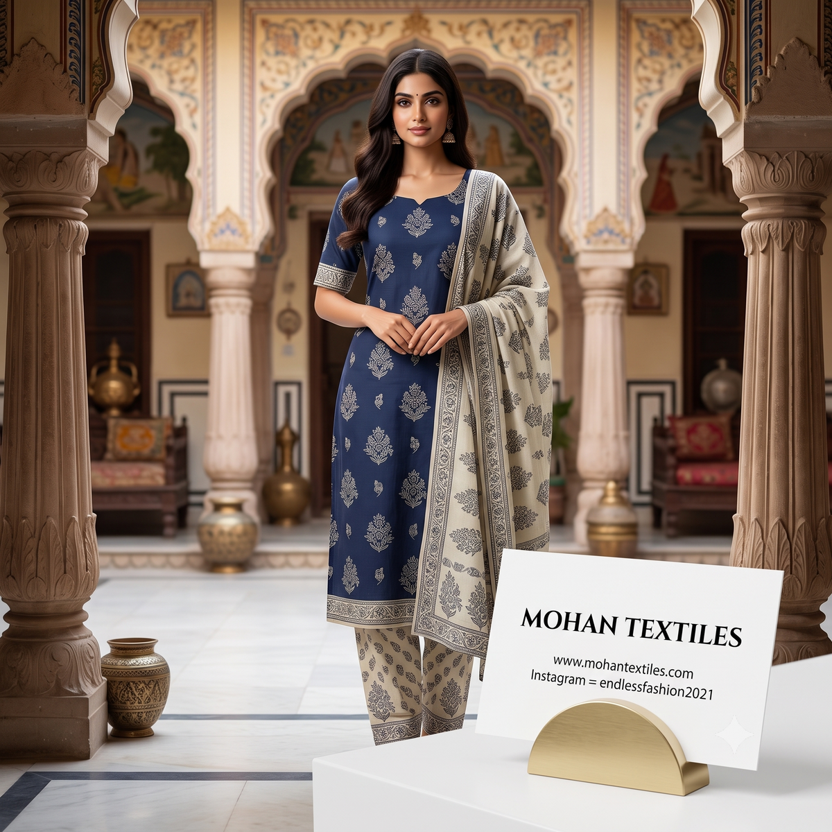 Model wearing midnight navy blue ethnic printed Punjabi salwar suit with matching dupatta – Best Punjabi suit in Amritsar by Mohan Textiles
