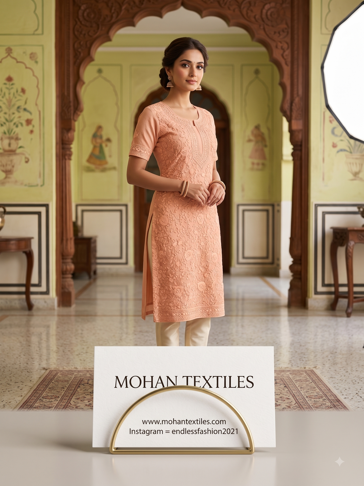 A woman models a peach-colored phulkari embroidered kurta with cream pants in an ornate indoor setting with arches. A white sign in the foreground reads 'MOHAN TEXTILES'.