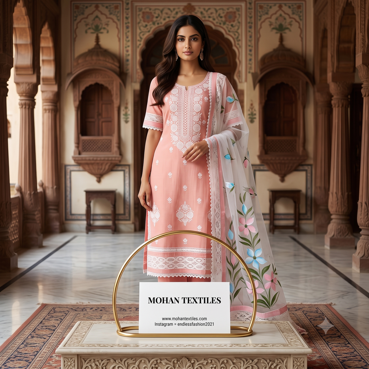 Mohan Textiles pastel peach Karachi style Chikankari embroidered suit set paired with a floral lace dupatta, shown in a traditional courtyard.