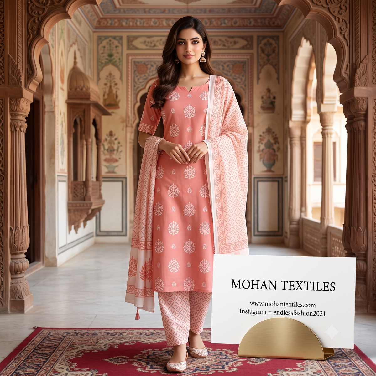 Model wearing soft peach pink floral unstitched cotton Punjabi suit with printed dupatta – Endless Fashion by Mohan Textiles