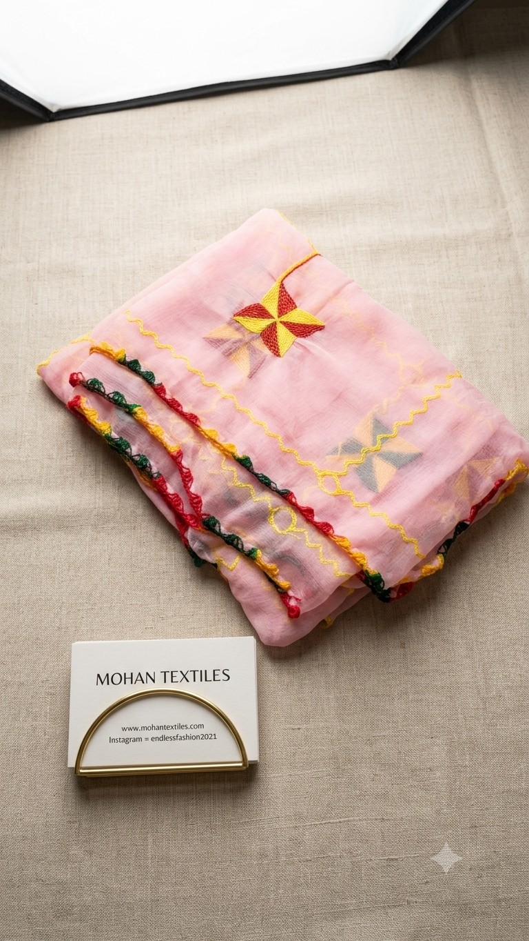 A folded light pink fabric piece with colorful embroidered motifs and beaded trim, displayed on a beige textured surface next to a small card labeled MOHAN TEXTILES.