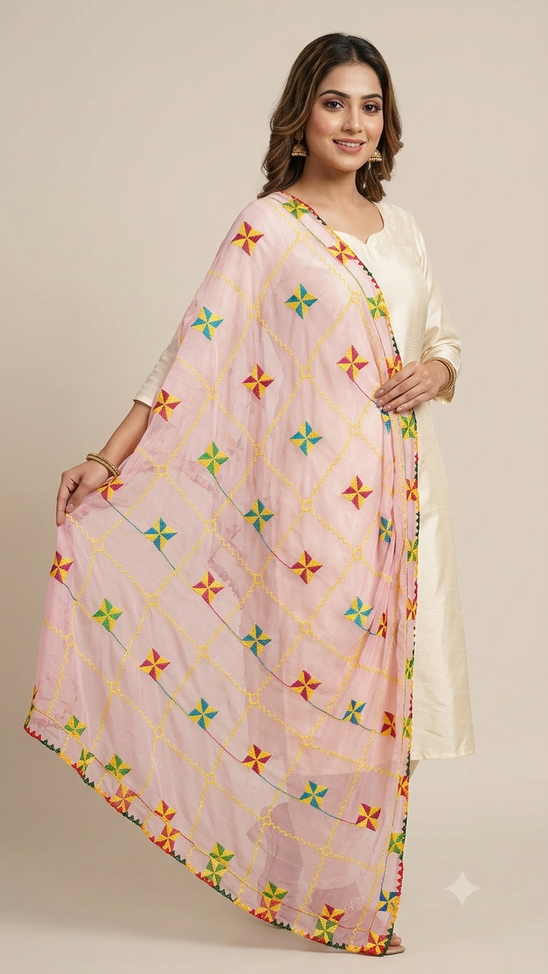 A woman modeling a light pink dupatta with yellow lattice lines and colorful embroidered star motifs, paired with a cream kurta against a solid beige studio background.