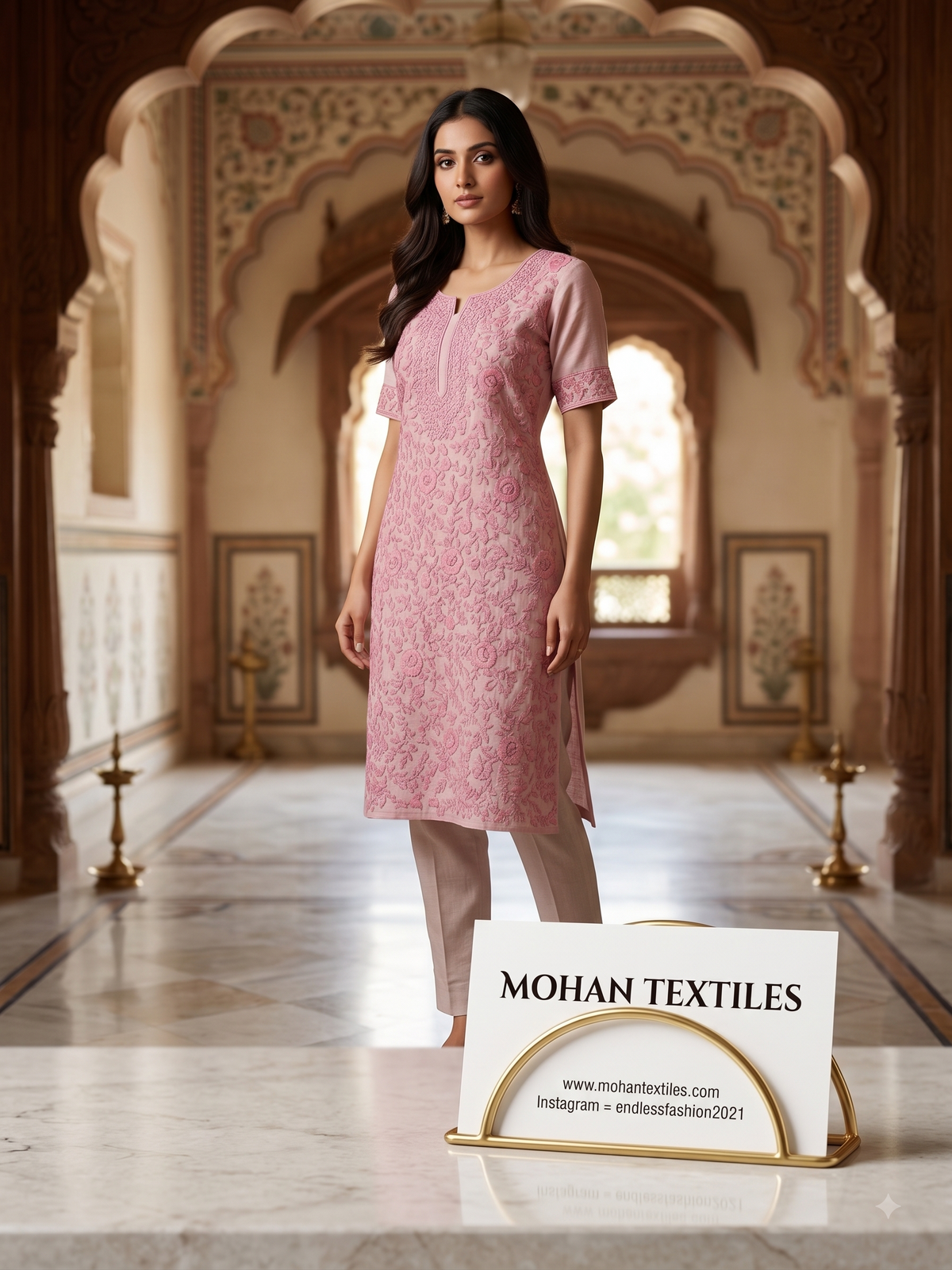 A woman stands in an ornate indoor corridor wearing a pink phulkari kurta with light beige pants. A sign in the foreground reads MOHAN TEXTILES.