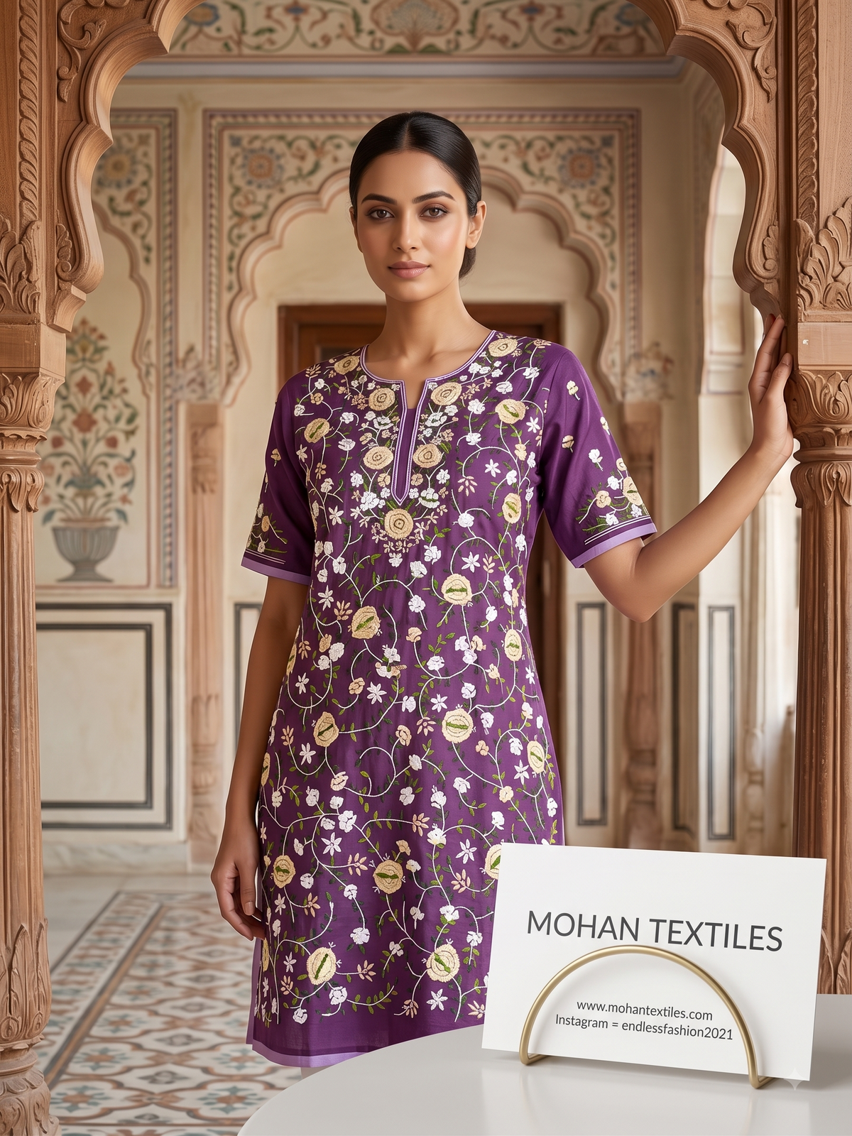 A woman models a purple short-sleeve kurta with white and gold floral phulkari embroidery, standing in front of an ornate carved wooden archway. A white sign in the foreground reads 'MOHAN TEXTILES'.