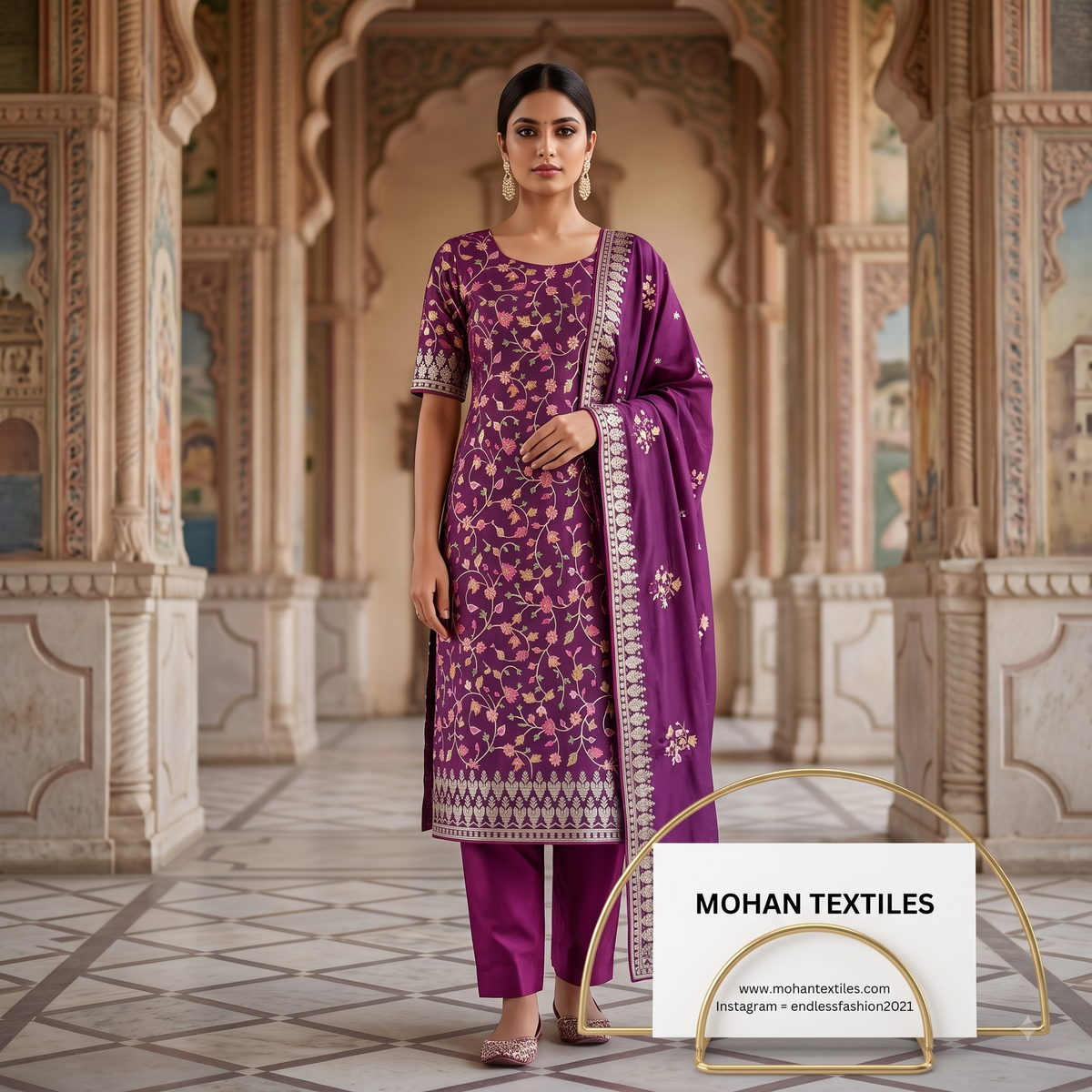 A woman stands in an ornate architectural corridor wearing a purple embroidered Amritsari salwar kameez set with matching pants and a dupatta. The outfit features floral embroidery and a decorative border by Mohan Textiles.
