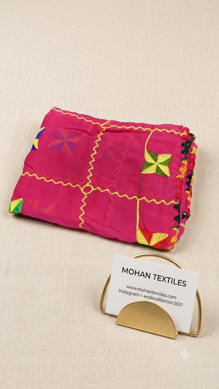 A folded magenta pink fabric clutch or wallet with colorful geometric embroidery and yellow stitched lines, displayed on a beige textured fabric surface next to a gold stand holding a white card labeled MOHAN TEXTILES.