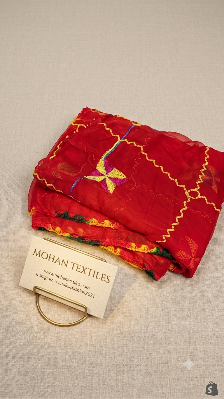 A folded red embroidered fabric piece with yellow, green, and blue geometric patterns, displayed on a light beige textured background next to a white card labeled MOHAN TEXTILES.