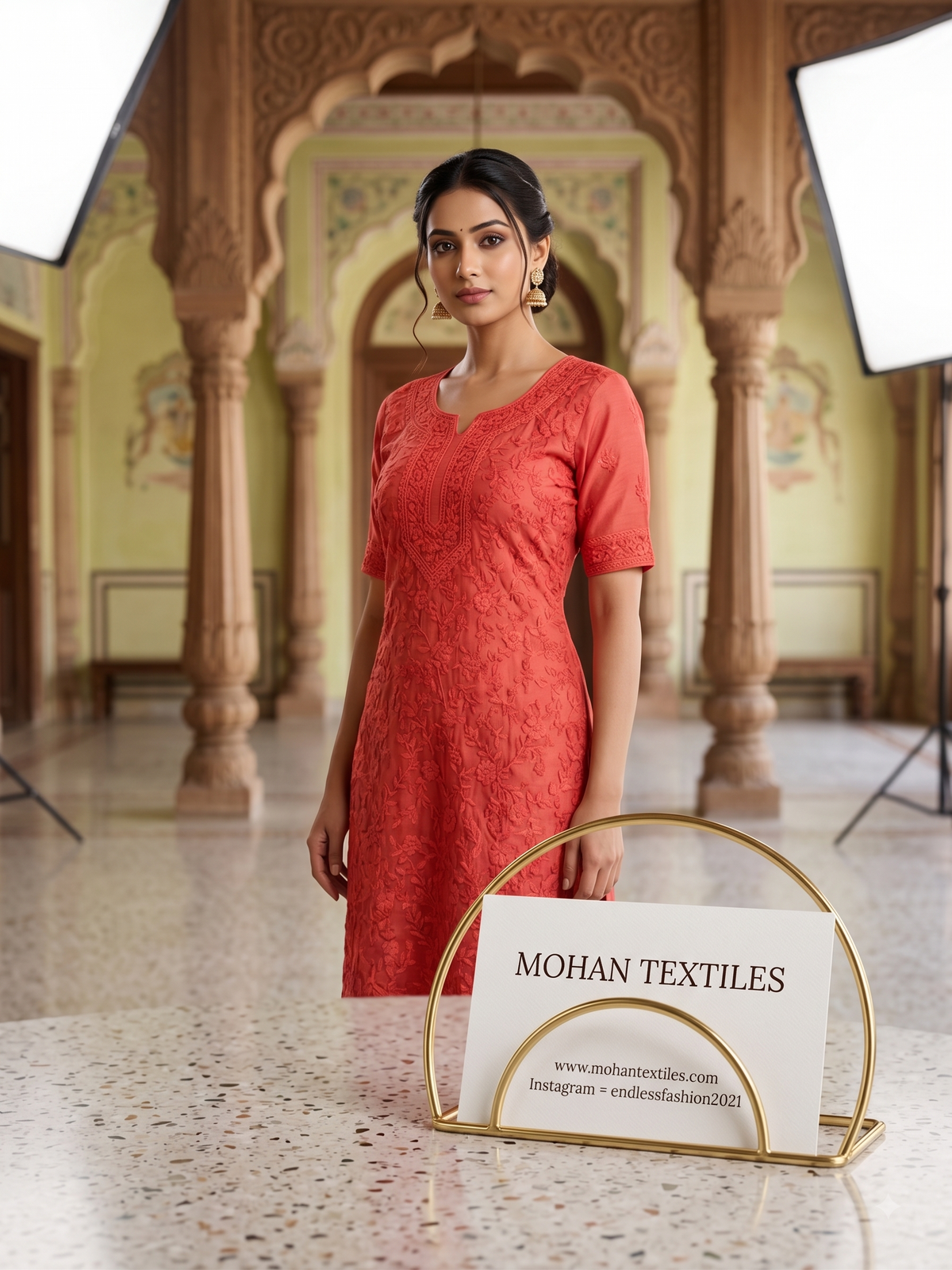 A woman stands indoors wearing a coral-red textured phulkari kurta, with a gold-framed sign reading MOHAN TEXTILES in the foreground. The setting has ornate columns, arches, and soft lighting from large studio lights visible at the top corners.