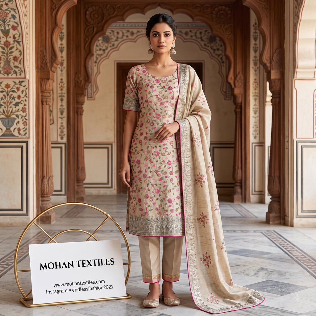 A woman stands in an ornate indoor architectural setting wearing a  Amritsari traditional Indian salwar kameez outfit. The outfit consists of a beige tunic with pink floral prints and a matching dupatta, paired with beige trousers. Mohan Textiles.